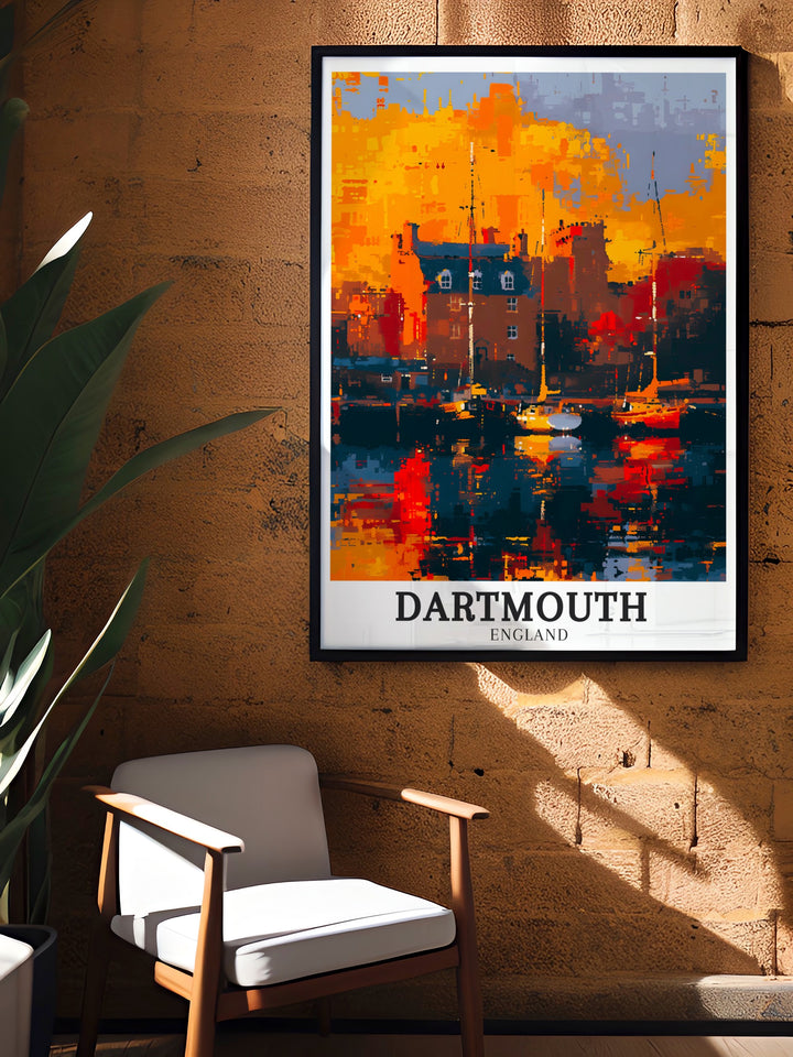 Dartmouths rich maritime heritage comes alive in this travel poster, with the harbors historic charm and the River Darts serene beauty displayed in intricate detail. This artwork is a perfect addition for anyone who appreciates Englands coastal towns.