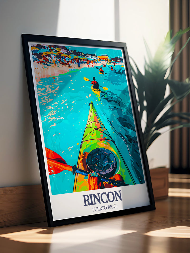 A vibrant Costa Rica travel print featuring the stunning landscapes of Rincon de la Vieja and the bioluminescent waters of Mosquito Bay. Perfect for nature lovers, this artwork captures the rugged beauty of the volcano and the mystical glow of the bay, making it a captivating decor piece.