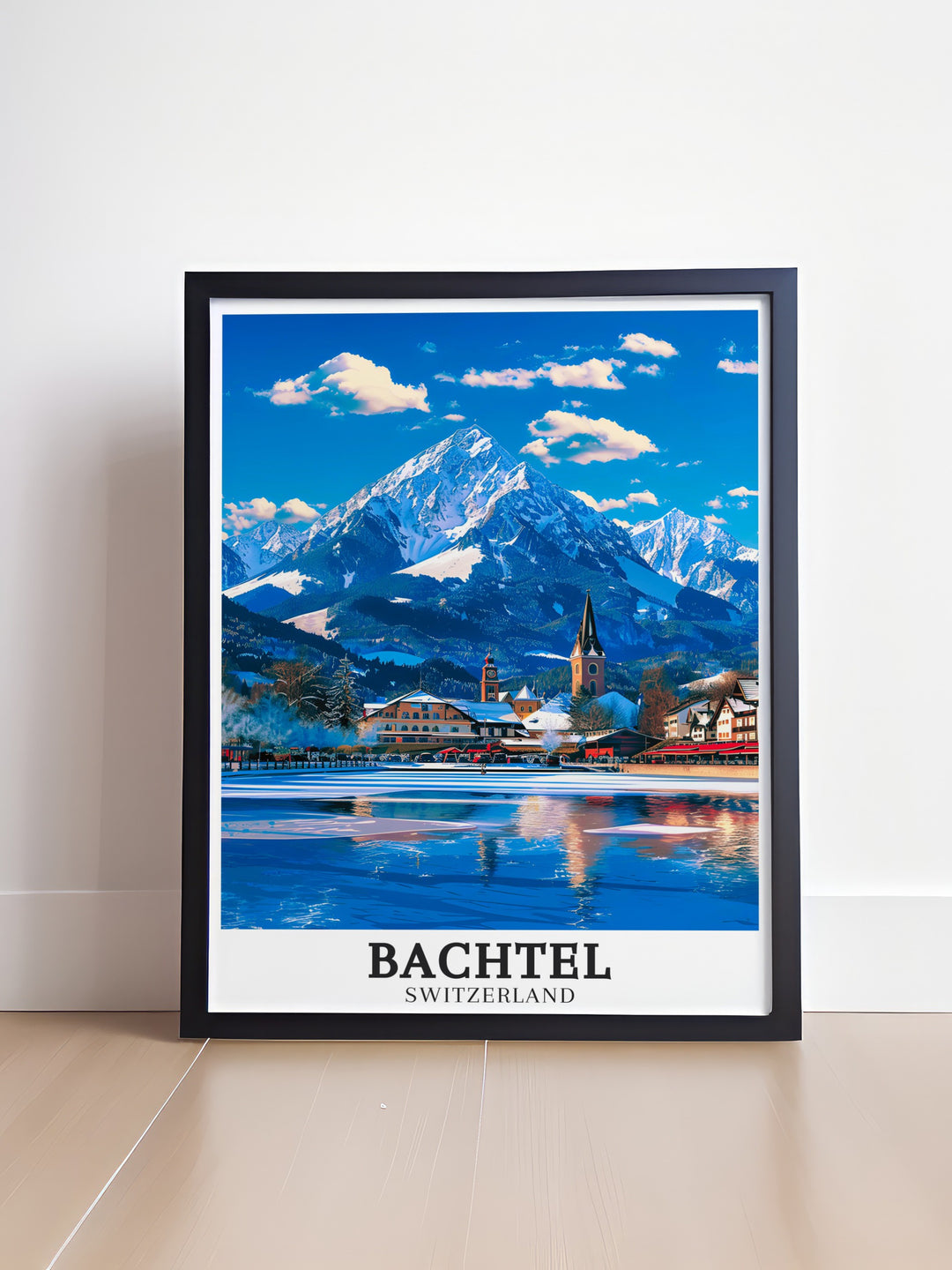 Captivating art print of Bachtel town in Zurich Oberland, Switzerland. This poster brings the essence of Swiss natural beauty and cultural heritage into your home. Ideal for adding a sophisticated touch to your decor. Vibrant and detailed design.