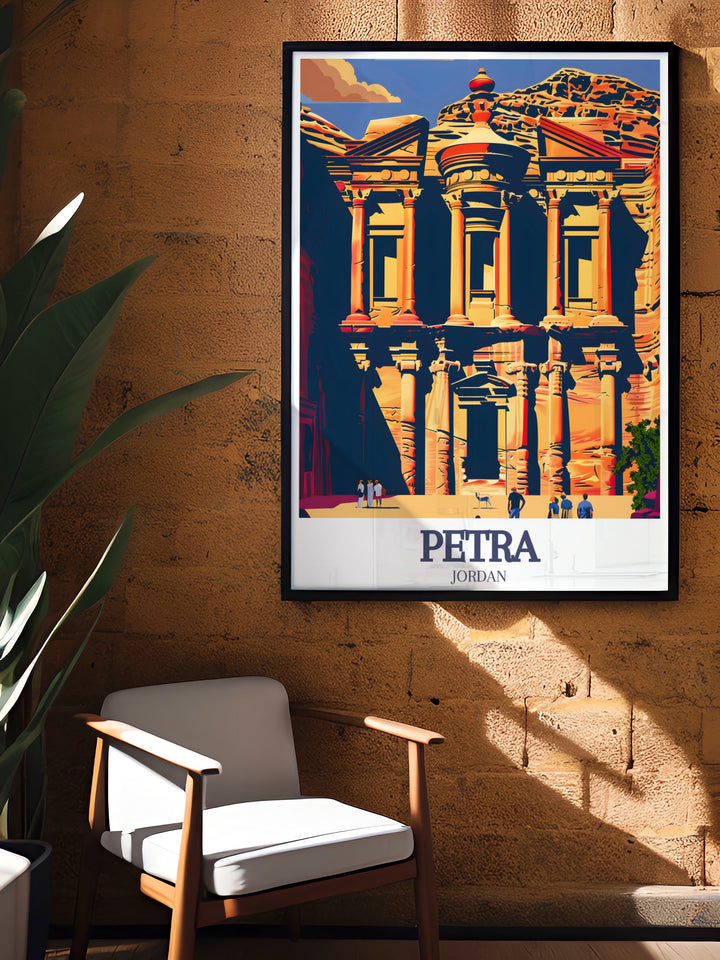 Petra Travel Poster highlighting the famous landmarks of Ad Deir Monastery and the Siq, the narrow gorge that leads into Petra. This wall print brings the timeless beauty of this ancient city into your living space, ideal for those who love history and adventure.