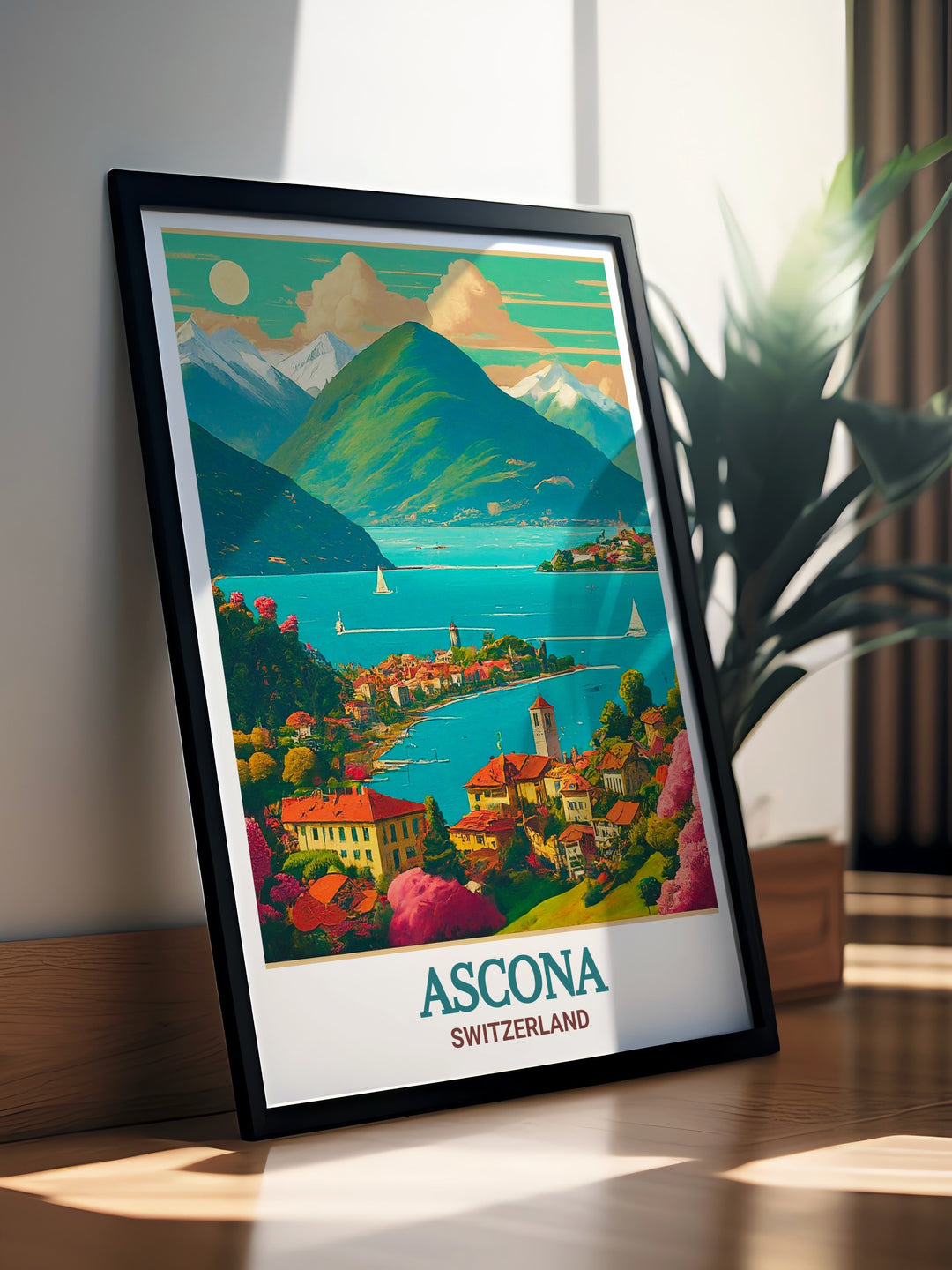 Lake Maggiore vintage poster capturing the timeless beauty of this iconic Swiss Italian lake, surrounded by towering mountains and peaceful waters. An ideal choice for those who love vintage travel art.