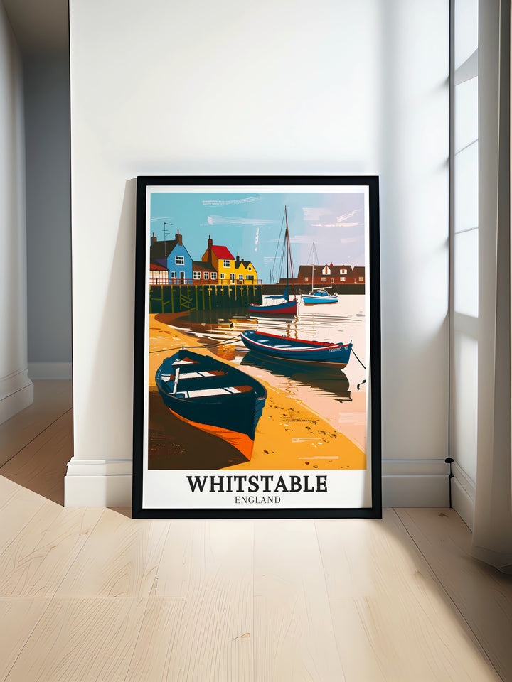 Travel poster of Whitstable Harbour highlighting its historic significance and bustling atmosphere. This artwork showcases the charm of this iconic coastal landmark, making it an ideal addition to any travel art collection.