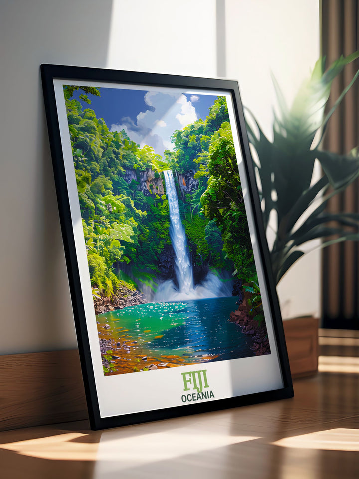 Fiji wall decor featuring a stunning depiction of Bouma National Heritage Park ideal for nature enthusiasts. This Bouma National Heritage Park artwork adds a touch of tropical paradise to any room with its vibrant colors and detailed scenery.