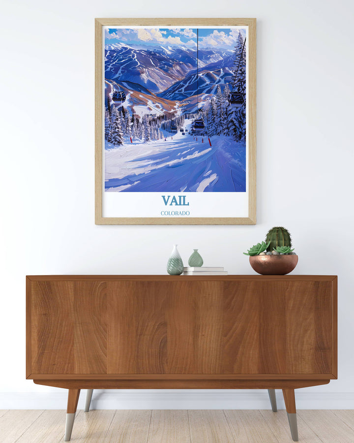 Poster depicting the retro charm of Vail Ski Resort with a vintage inspired design. Vibrant colors and intricate details celebrate the golden age of travel and skiing, ideal for nostalgic decor.