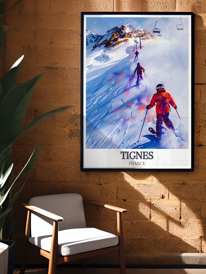 The French alps Espace Killy Grand Motte Glacier Modern Prints collection features stunning wall art perfect for ski resort poster enthusiasts and those looking to add adventure to their home decor