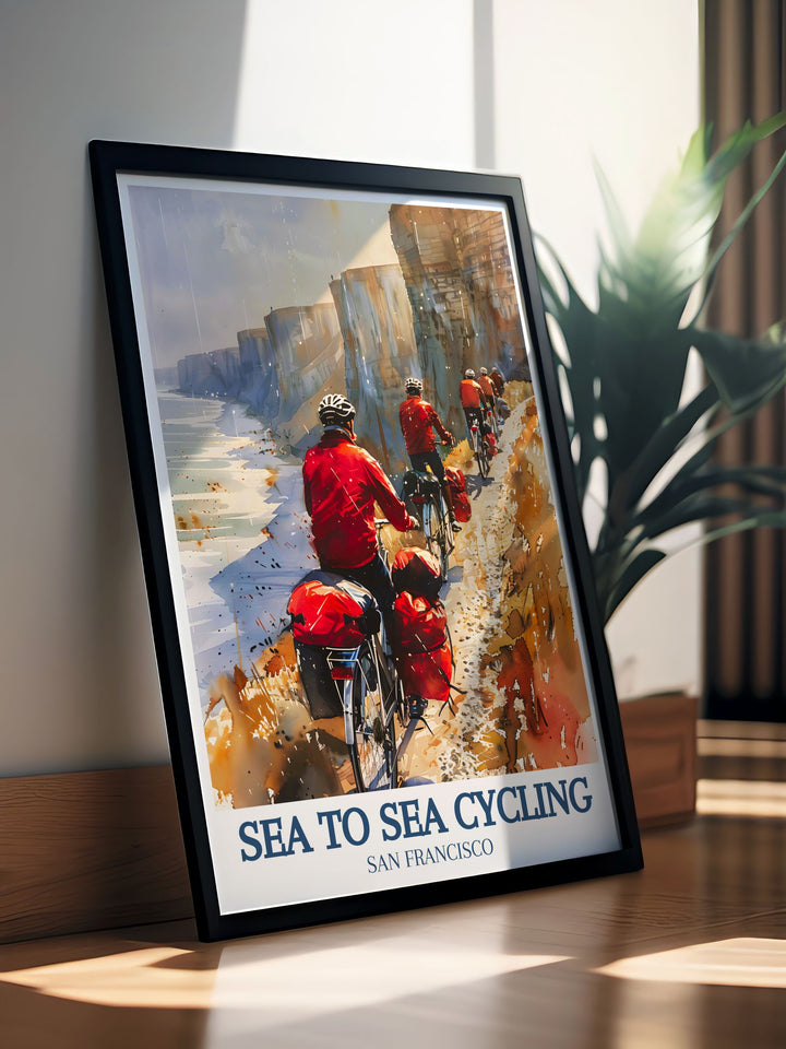 This travel poster features the Sea to Sea Cycling Route across England, showcasing the diverse landscapes and scenic beauty from the Cliffs of Dover to the Lake District, perfect for cycling enthusiasts and wall art decor lovers.