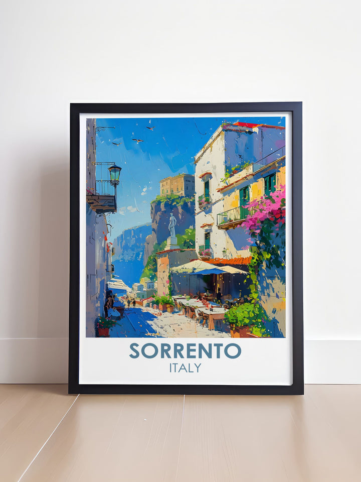 Sorrento print highlighting Piaza Tasso and the bustling atmosphere of this beautiful Italian town. Vibrant Sorrento travel poster ideal for anyone who loves Italy and wants to bring a piece of its stunning scenery into their home or office.
