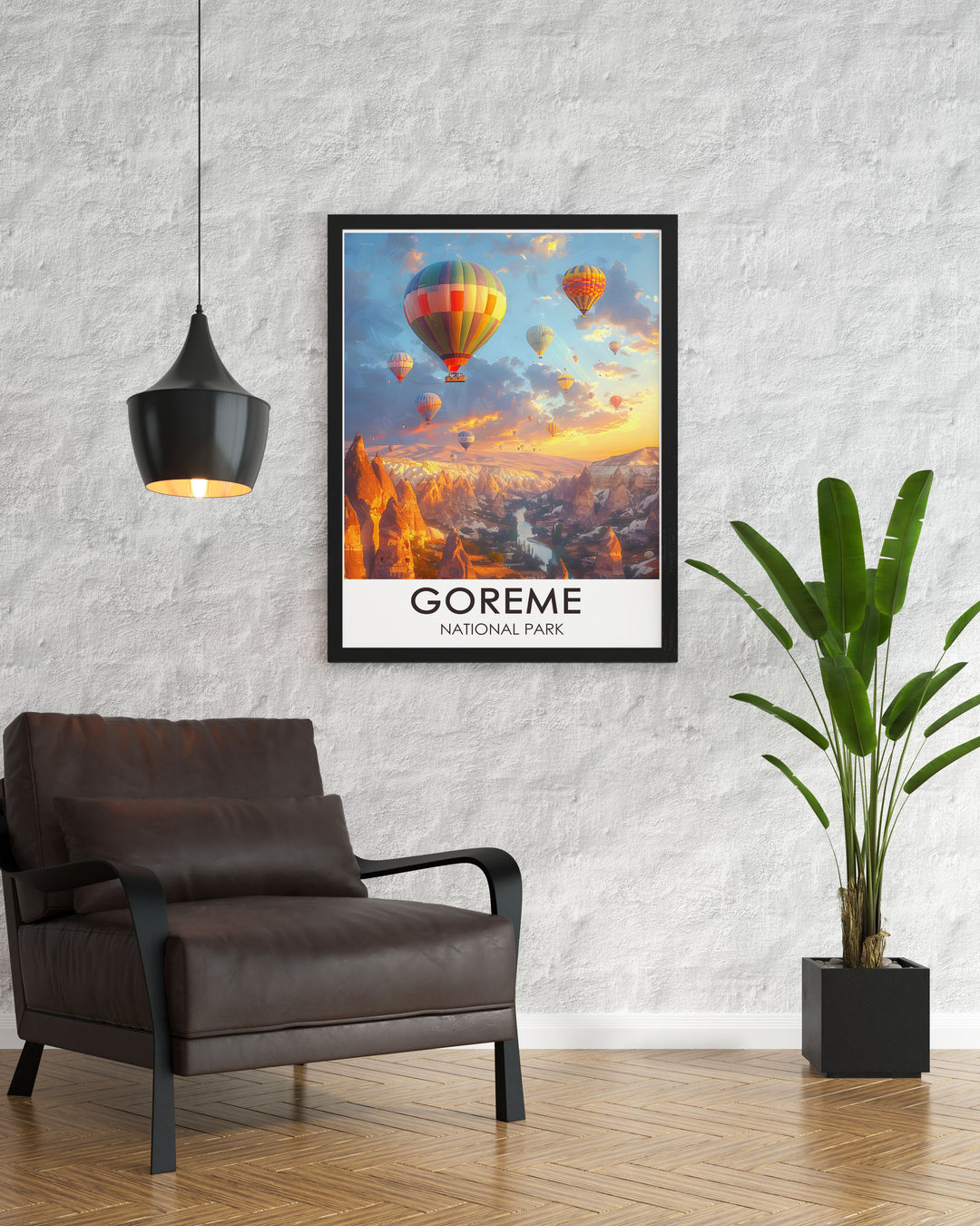 The detailed illustration of Goreme National Parks iconic Fairy Chimneys and colorful hot air balloons creates a stunning piece of wall art, celebrating the natural wonders of Cappadocia, Turkey, and bringing a sense of exploration to your decor.