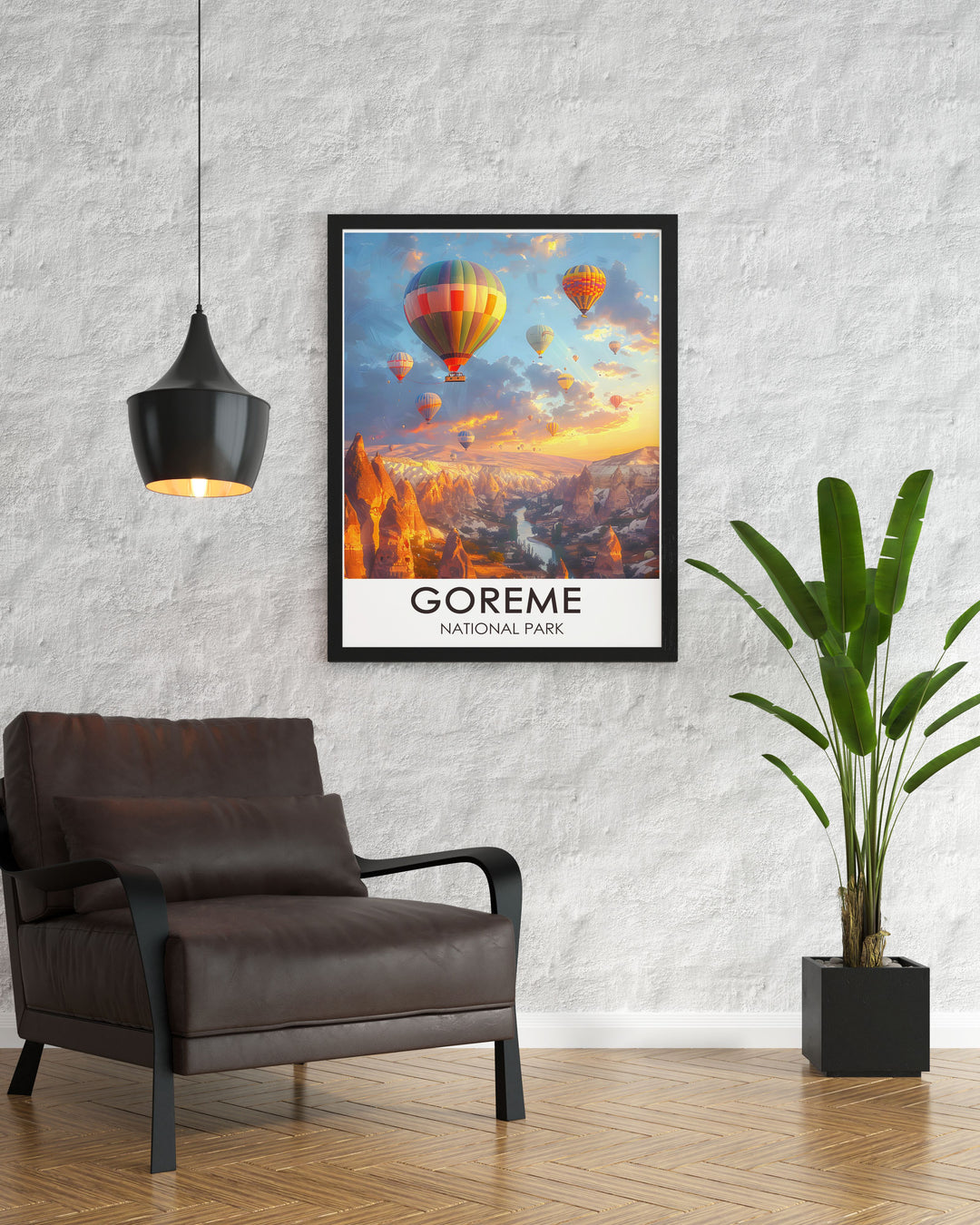 Celebrate the beauty of Cappadocias iconic landscape with this Hot Air Balloons Travel Poster. Ideal for nature lovers and travelers, it showcases the awe inspiring scenery of Goreme National Park in Turkey.