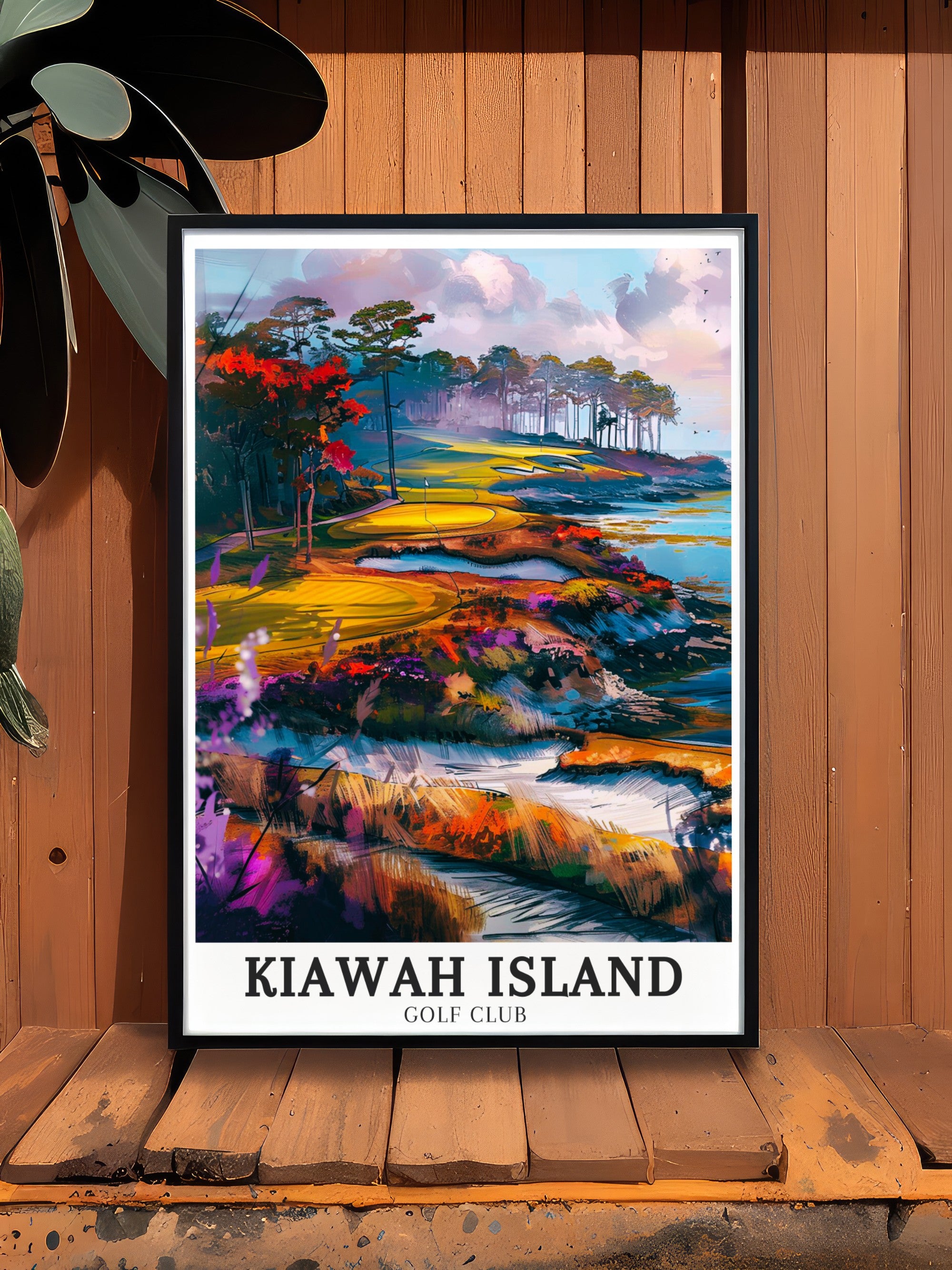 Golf posters collection with framed golf course photographs and artistic prints depicting iconic fairways and scenic golf destination locations