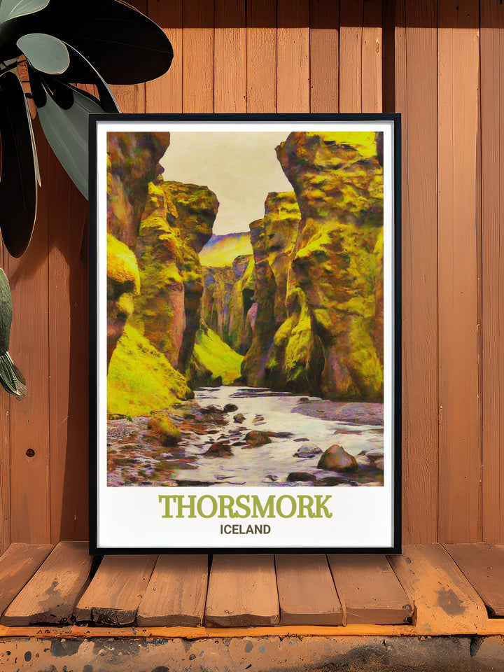 Stunning depiction of Thorsmork valley and Stakkholtsgjá Canyon in Iceland. This print showcases the serene yet dramatic landscapes of one of Icelands most captivating regions.