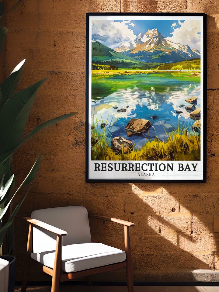 Capture the majesty of Alaskas Resurrection Bay and Mount Edgecumbe with this detailed travel print. This wall art offers a striking depiction of Aialik Bay as well, perfect for those who love the untamed beauty of Alaskas landscapes.