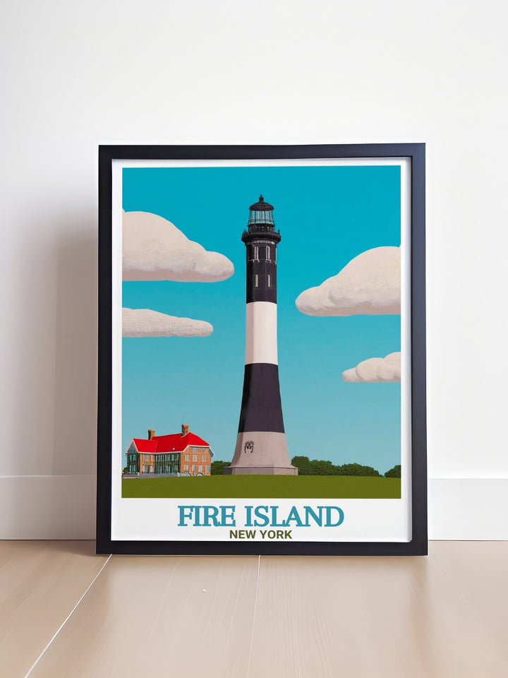 Fire Island wall art captures the timeless charm of this New York coastal destination, with its lighthouse standing proudly amidst the dunes. This travel poster is ideal for decorating your home with a piece of Fire Islands quiet beauty, perfect for both locals and travelers.