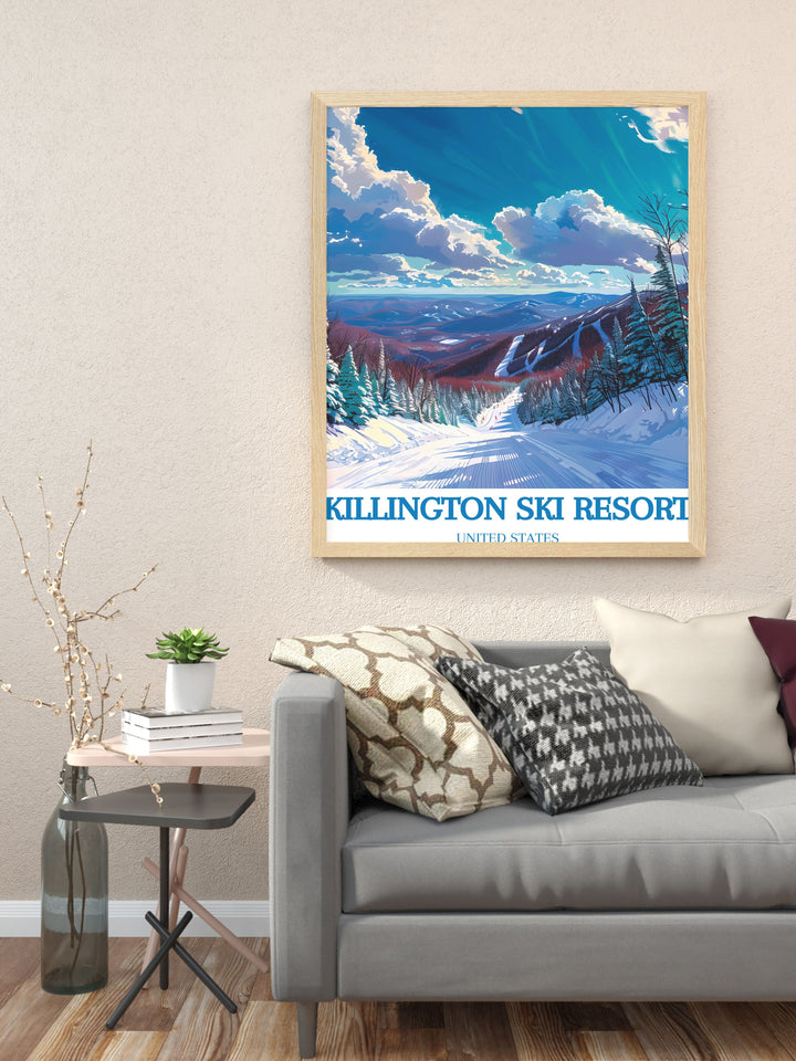 Breathtaking winter scene at Killington Peak with skiers navigating the snow covered slopes and majestic mountains in the background. The image captures the exhilarating experience of skiing and the picturesque beauty of the snowy terrain, ideal for adding alpine elegance to your decor.