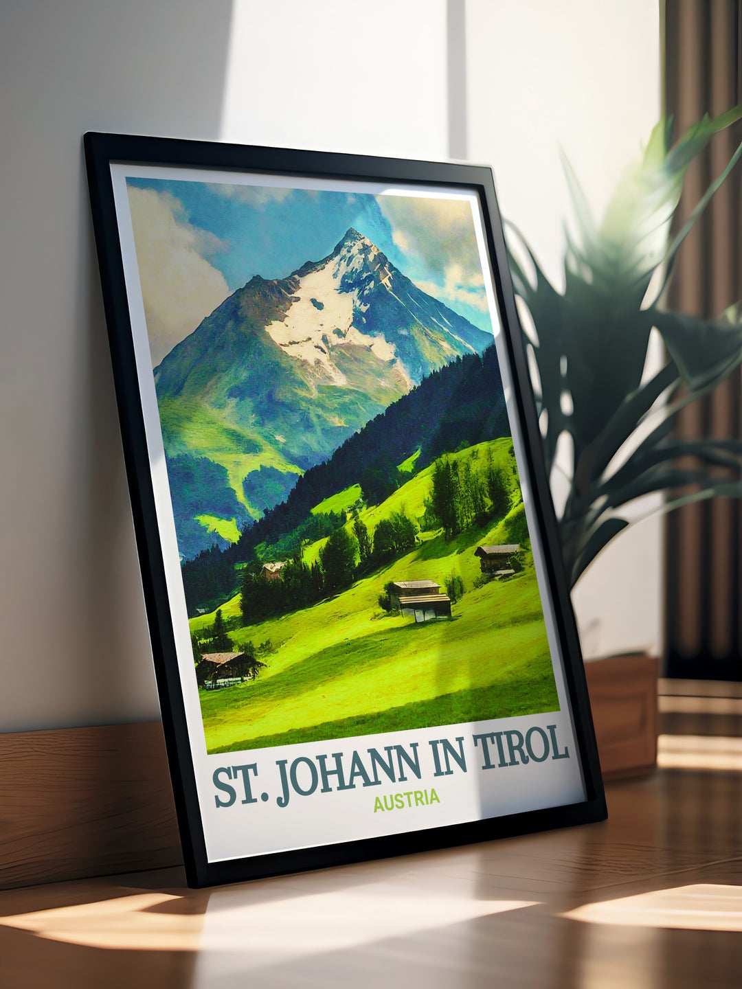 A striking travel print of Austrias St. Johann in Tirol and Kitzbüheler Horn, perfect for adventurers and nature lovers alike. This Austria wall art captures the essence of Alpine beauty and is a timeless addition to any home.