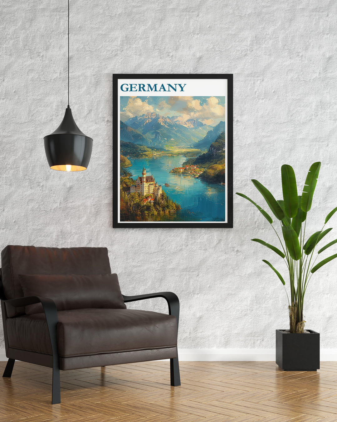 Elevate your home décor with this Germany wall art featuring the world famous Neuschwanstein Castle and Berlins modern skyline. Perfect for travelers and those with a love of German culture.