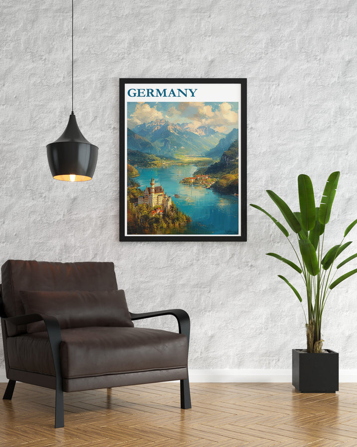 Elevate your home décor with this Germany wall art featuring the world famous Neuschwanstein Castle and Berlins modern skyline. Perfect for travelers and those with a love of German culture.