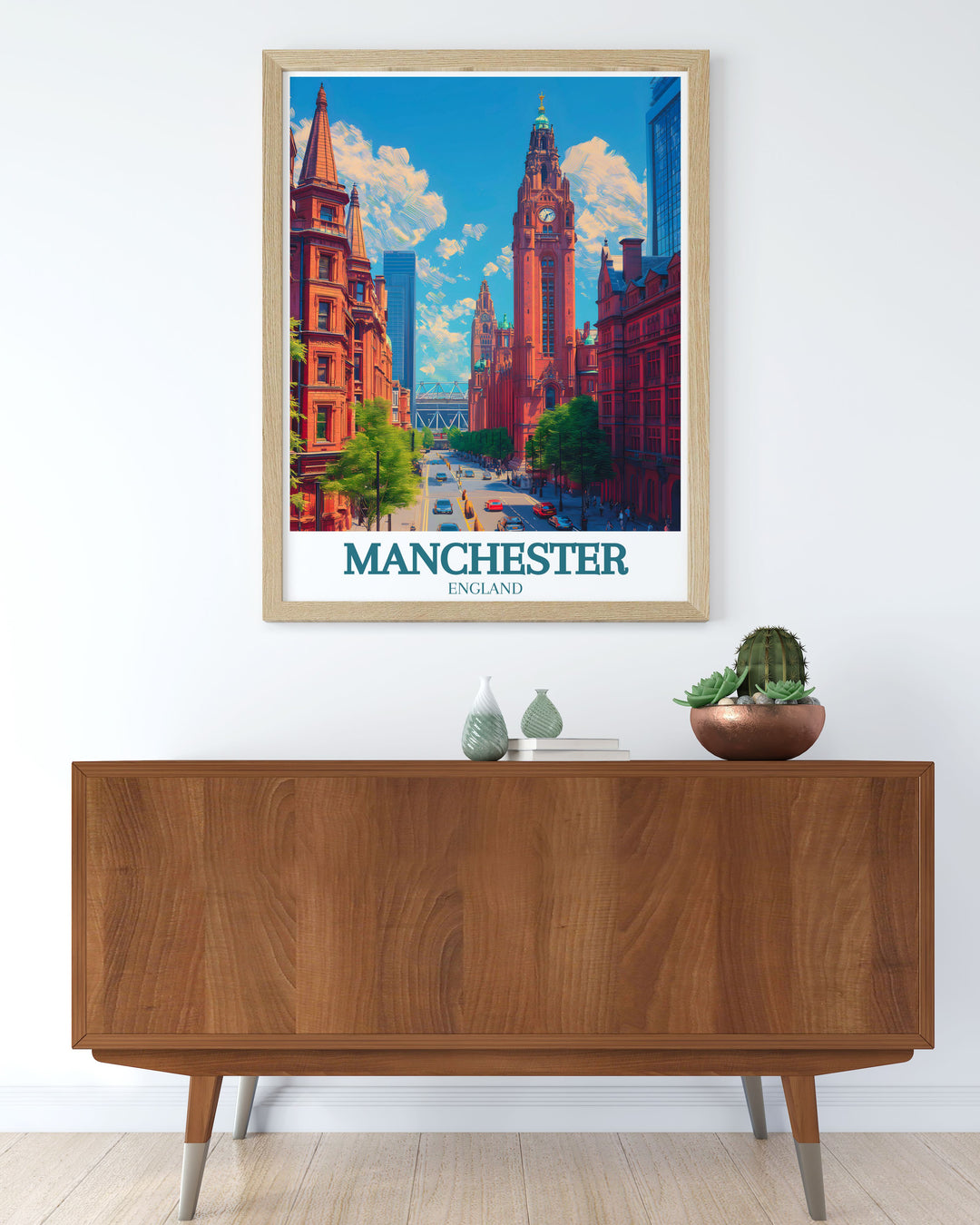 Manchester town hall poster featuring the citys famous landmark along with other notable sites like Printworks and Hacienda perfect for travel enthusiasts and art collectors.
