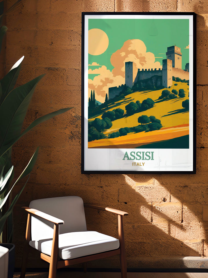 Vibrant Assisi wall art featuring Rocca Maggiore in Italy. This Italy artwork captures the grandeur of the fortress and the timeless charm of Assisi, ideal for those who appreciate Italys rich history and wish to bring a piece of it into their home