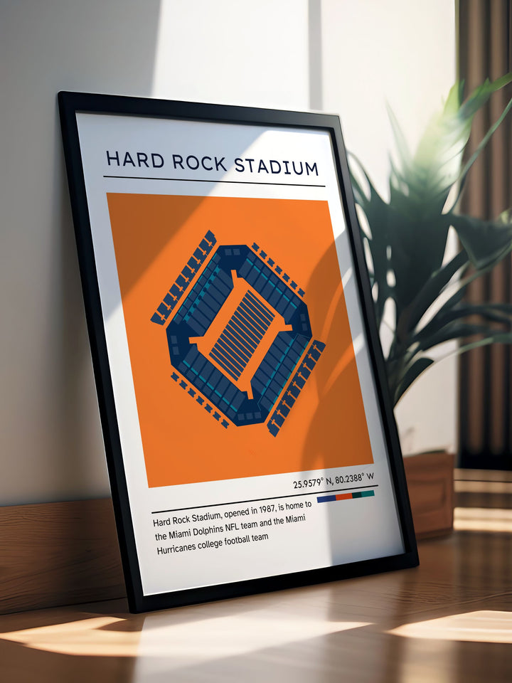 Unique wall design with vintage poster of Hard Rock Stadium featuring Miami Dolphins and Miami Hurricanes perfect for football lovers