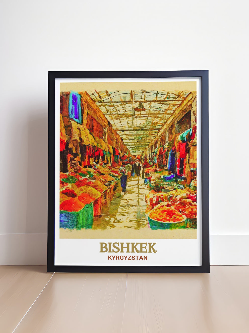 Bishkek Poster Print showcases the vibrant Osh Bazaar, capturing the colorful market stalls and lively atmosphere of one of Kyrgyzstans most iconic locations. This travel poster highlights Bishkeks rich culture and offers a beautiful addition to any space.