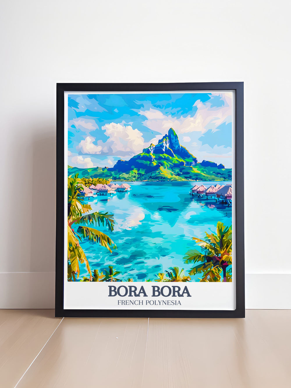 Retro travel poster featuring Mount Otemanu Bora Bora Yacht Club capturing the essence of French Polynesia this beautiful artwork is ideal for wall art and makes a unique gift for travel lovers who appreciate the breathtaking landscapes of Bora Bora island.
