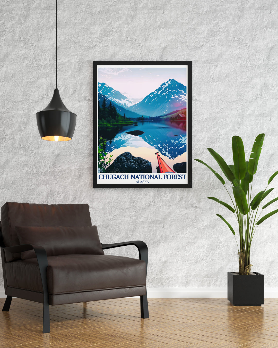 This Alaska travel poster showcases the scenic beauty of Lost Lake and the Kenai Mountains within Chugach National Forest. Ideal for nature lovers, this vibrant print brings the majestic landscapes of Alaska to life on your walls.