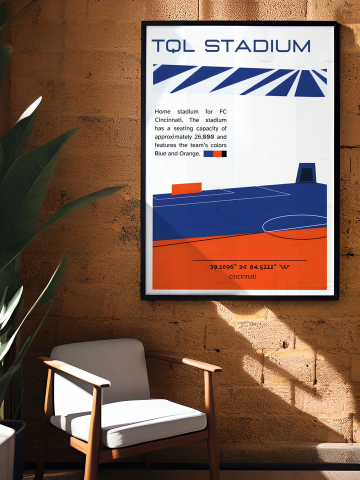 Add a touch of soccer elegance to your home with this FC Cincinnati print featuring TQL Stadium and highlighting the energetic play of Luciano Acosta and Brenner an ideal gift for soccer fans.