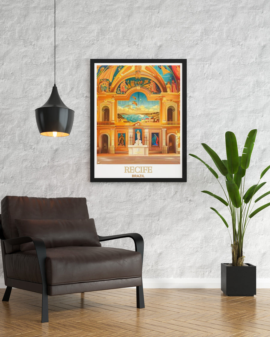 Brazil wall art poster depicting Capela Dourada in Recife. This print encapsulates the rich history and architectural detail of the chapel, perfect for those looking to add a culturally significant and visually stunning piece to their decor.