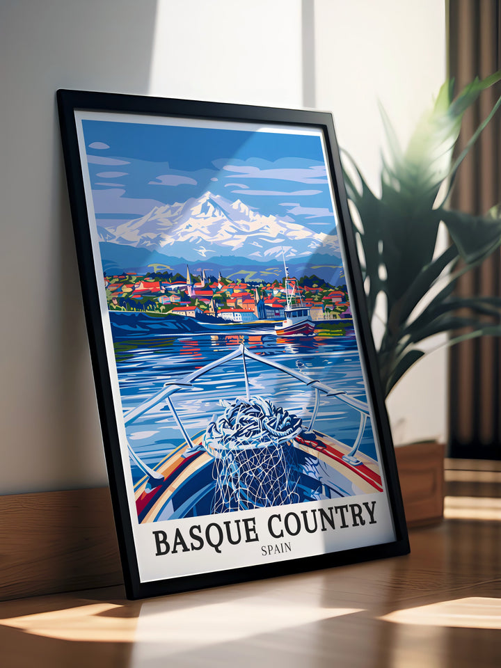 Basque Country wall decor that highlights the stunning contrast between Hondarribias colorful architecture and the dramatic Pyrenees mountains. This Spain Travel Poster is a beautiful representation of the regions charm and tranquility.