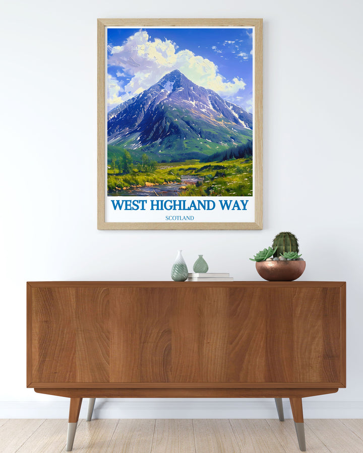 Celebrate your love for Scotland with this stunning Buachaille Etive Mor Art Print. Ideal for decorating any living room or office this West Highland Way Art Print captures the scenic beauty of Glencoe Scotland and is a perfect gift for hikers and nature lovers.