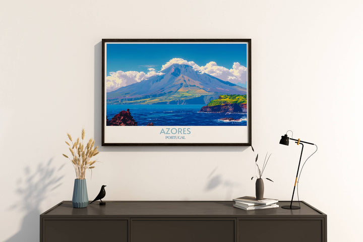 Fine line art print of Lagoa do Fogo, Azores, displaying the serene volcanic landscape, suitable for sophisticated wall decor.