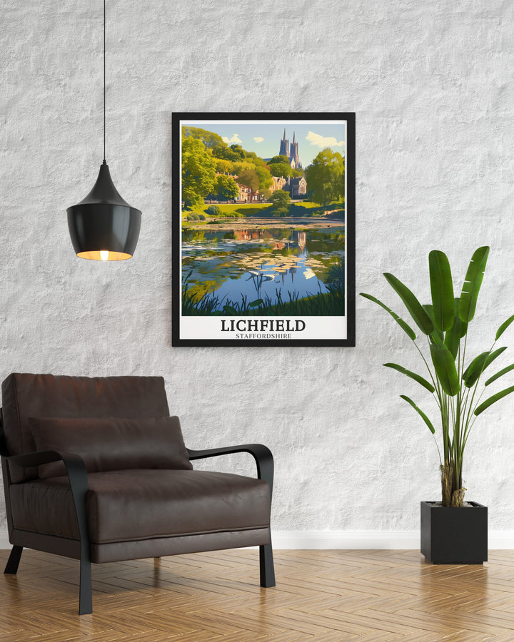 This travel print of Lichfield features Beacon Park and Minster Pool, two of the towns most beloved landmarks. Perfect for lovers of the English countryside, the artwork offers a glimpse into the peaceful and picturesque beauty of Staffordshires natural and historic sites.