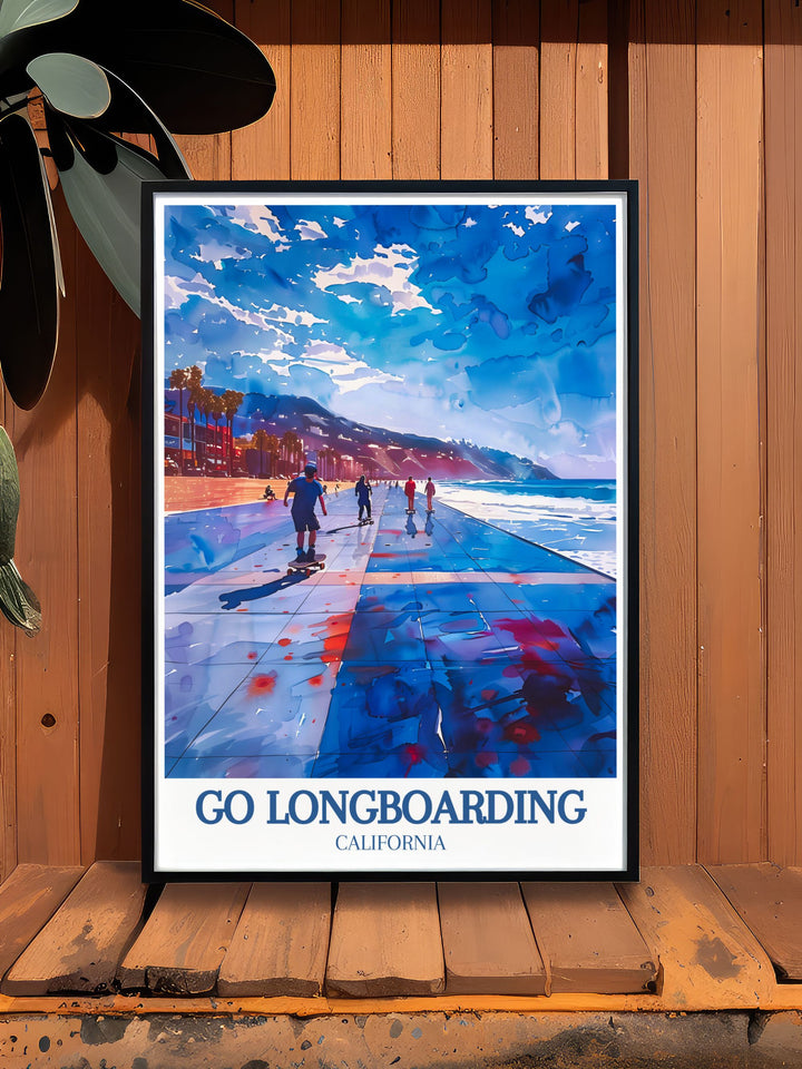 Framed artwork featuring longboarders at Venice Beach, highlighting the vibrant life and cultural diversity, perfect for nature lovers and travel enthusiasts.