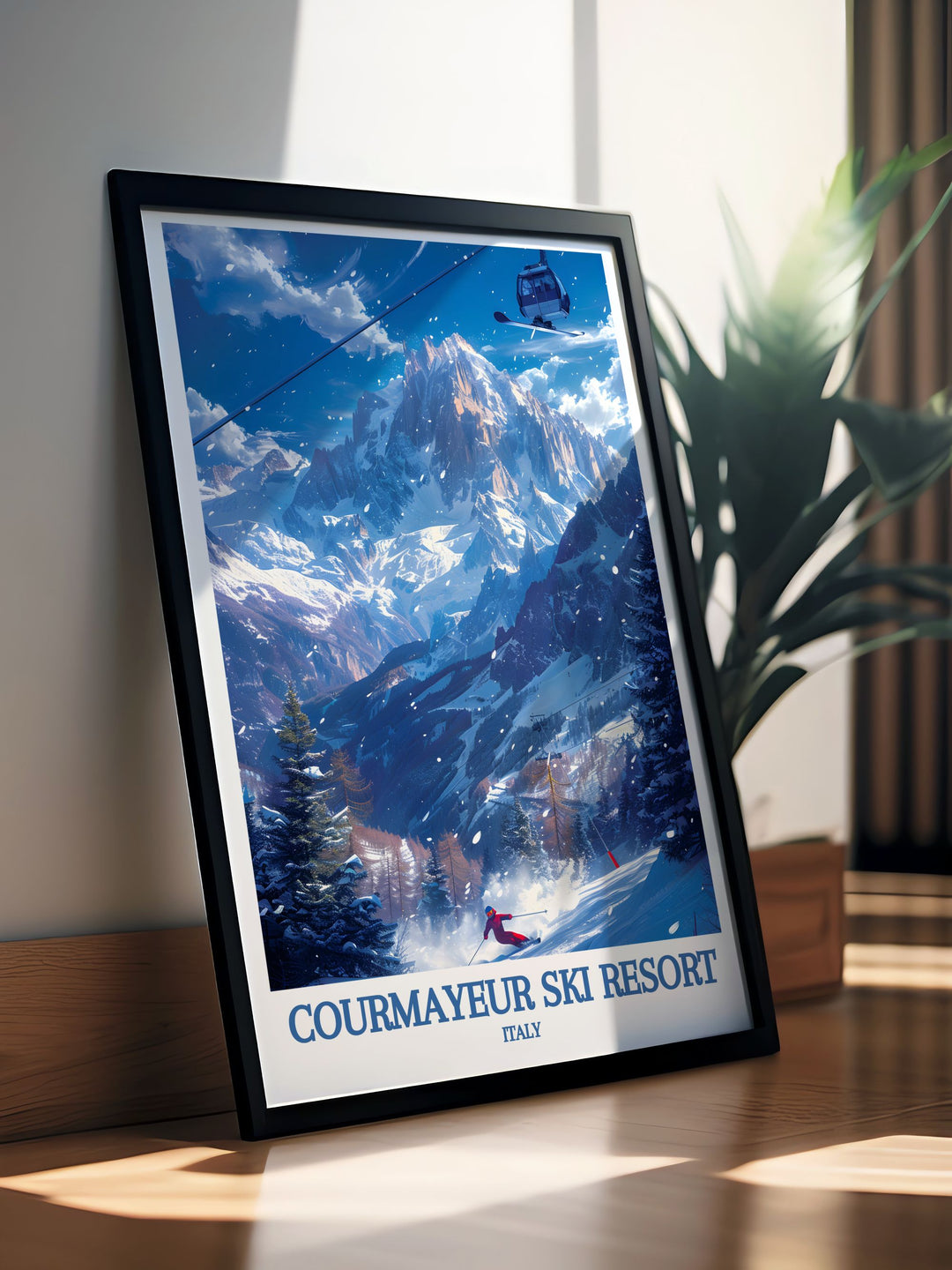 The combination of adventure in Courmayeur and the scenic majesty of Mont Blanc is beautifully captured in this vintage ski poster, making it a stunning addition to any wall art collection celebrating Italian skiing.