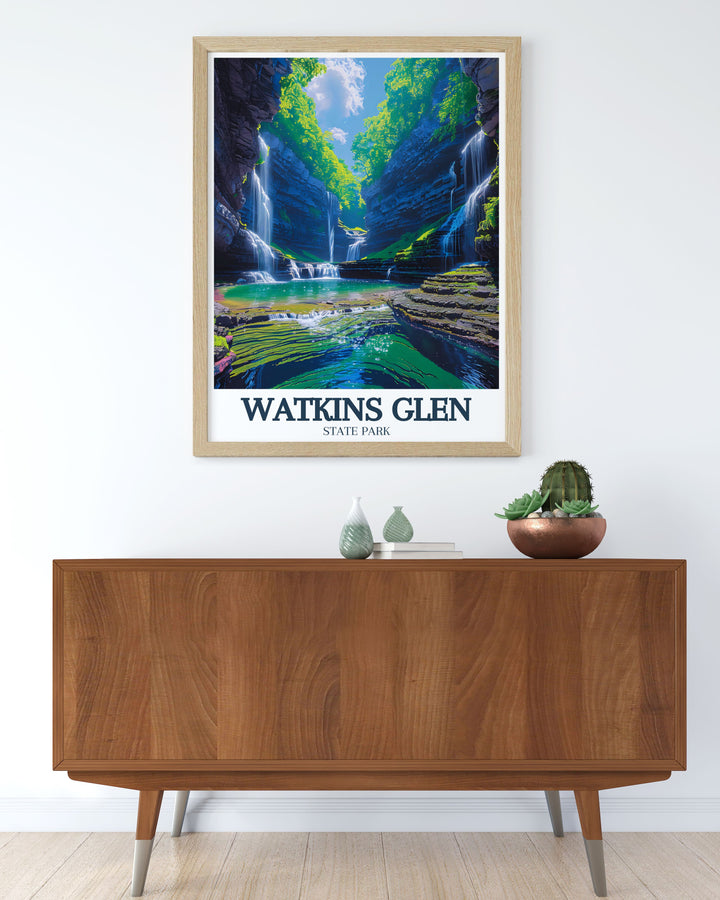 The peaceful landscapes of Watkins Glen State Park are beautifully captured in this travel poster, highlighting the parks geological charm and natural beauty. Perfect for those who love to explore and collect art that tells a story, this piece invites you to experience the serene and picturesque landscapes of Watkins Glen.