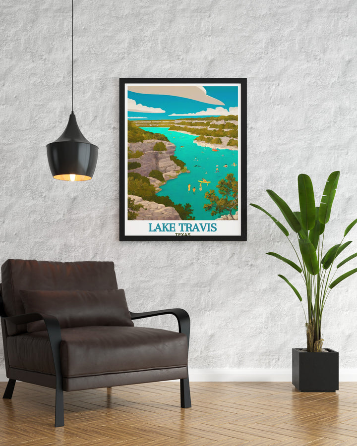 Bring the scenic beauty of Lake Travis into your home with this stunning poster. The artwork features Pace Bend Park and is perfect for adding a touch of the Texas outdoors to your home décor. Ideal for those who love nature inspired art.