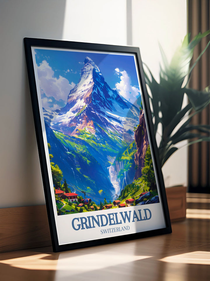 A beautiful vintage print of Eiger mountain Grindelwald First showcasing the majestic peaks of the Swiss Alps. Perfect for any room this Grindelwald First wall art captures the serene charm of the mountain village.