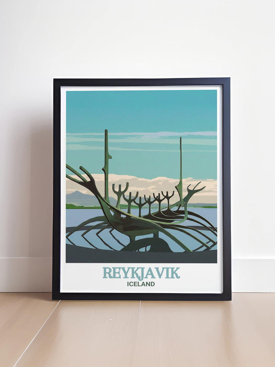 Icelandic wall art featuring the Sun Voyager and the serene environment of Reykjavik, combining the best of nature and modern design. This framed art piece adds a layer of sophistication to any room.