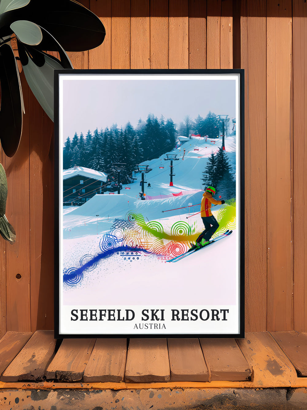 Elegant Seefeld Ski Resort Poster Print showcasing the Gschwandkopf jump ramp in the Tyrolean ski area. This Austria skiing artwork is perfect for those who love snowboarding and the breathtaking landscapes of Tyrol Austria.