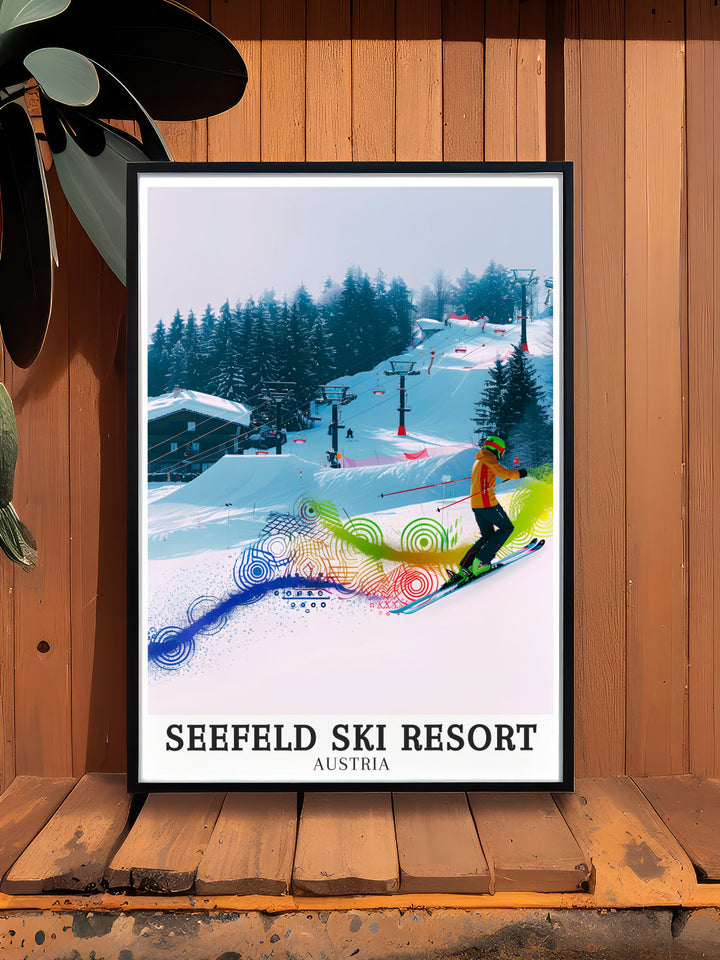 Elegant Seefeld Ski Resort Poster Print showcasing the Gschwandkopf jump ramp in the Tyrolean ski area. This Austria skiing artwork is perfect for those who love snowboarding and the breathtaking landscapes of Tyrol Austria.