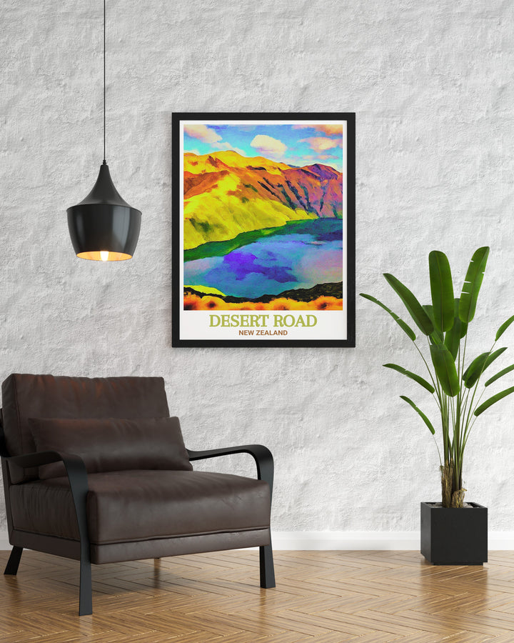 Travel Print Poster featuring Desert Road offers a captivating view filled with vibrant colors and a sense of adventure Tama Lakes Perfect Wall Decor adds a peaceful contrast with its stunning depiction of natures serene and tranquil beauty.