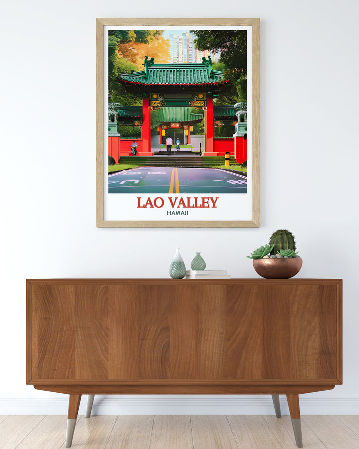 Discover the serene beauty of Lao Valley with this detailed poster print. The artwork captures the lush landscapes and dramatic cliffs of this iconic Hawaiian valley, making it an ideal addition to your home decor, perfect for nature lovers and Hawaii enthusiasts.