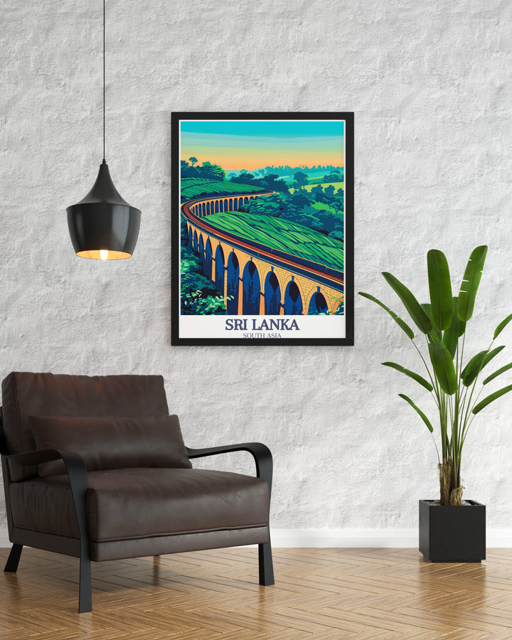 Our retro travel poster of the Nine Arch Bridge and Demodara in Sri Lanka highlights the areas rich history and stunning landscapes. The detailed artwork brings out the beauty of this iconic landmark, making it a great addition to any home or office décor.