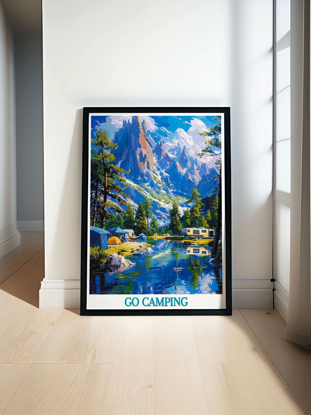 Custom print of a mountain camping site, illustrating the beauty of outdoor adventures and the tranquility of natures highest peaks, ideal for those who appreciate the simple pleasures of vanlife.