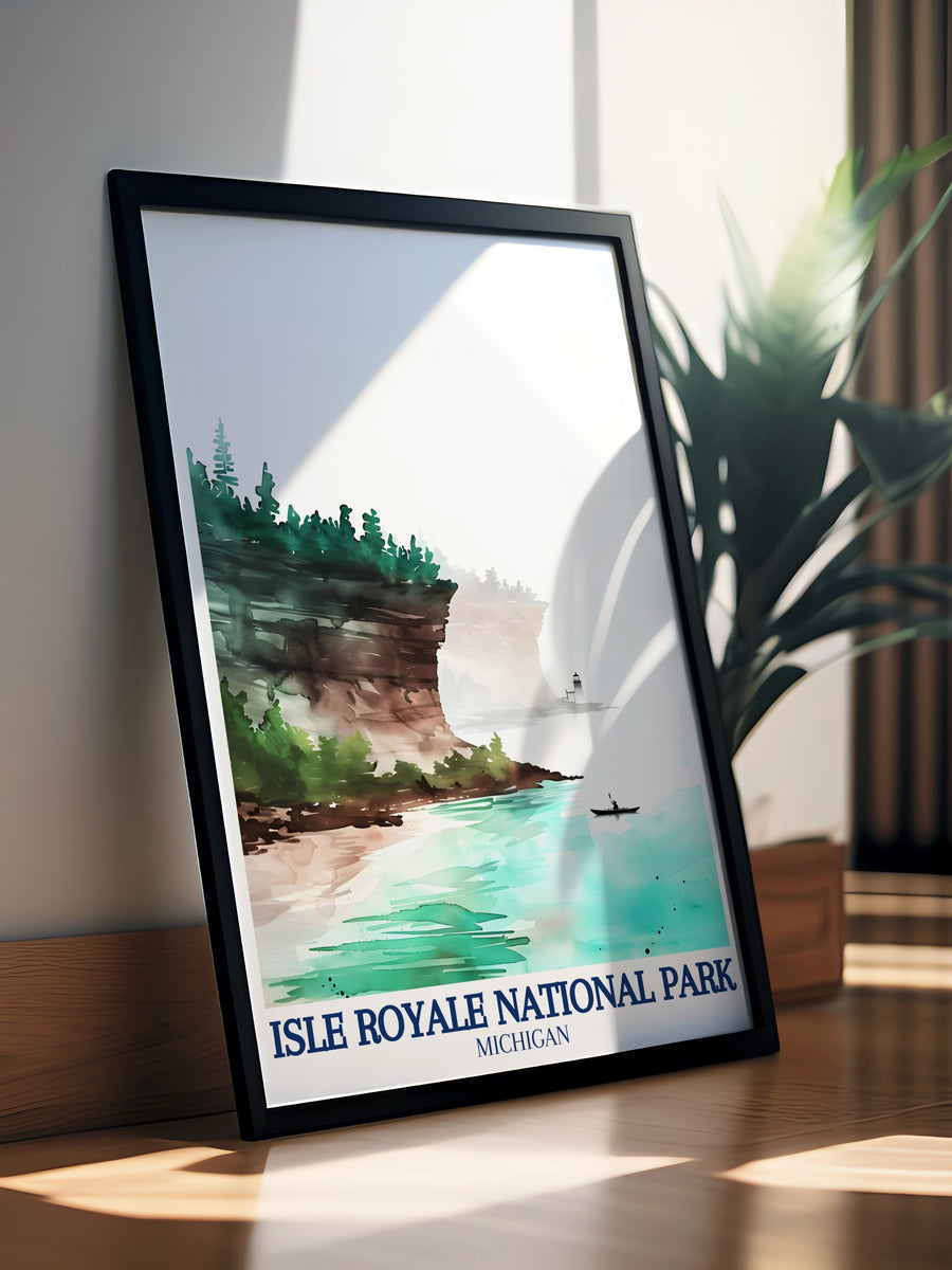 The stunning landscapes of Isle Royale captured in this wall print, showcasing the parks unique character. This travel print serves as a beautiful reminder of peaceful moments spent exploring the wonders of this national park.