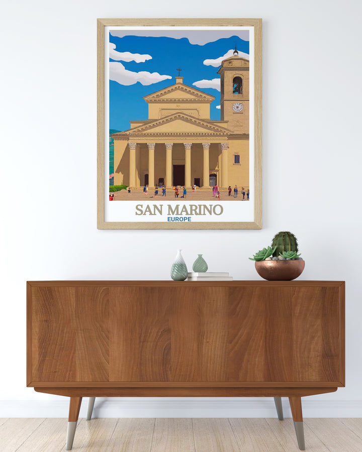 Bring a piece of European history into your home with this San Marino poster print. The artwork highlights the Basilica di San Marino, showcasing its neoclassical columns and grand structure. This wall art is perfect for adding elegance to any room or as a memorable travel gift.