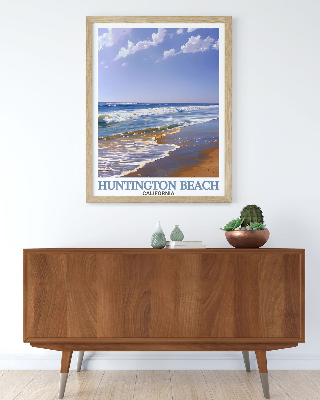 Huntington Beach and Huntington State Beach are beautifully illustrated in this travel print, bringing the calm and beauty of Californias shores into your living space. Ideal for those who love the ocean and the West Coast lifestyle.