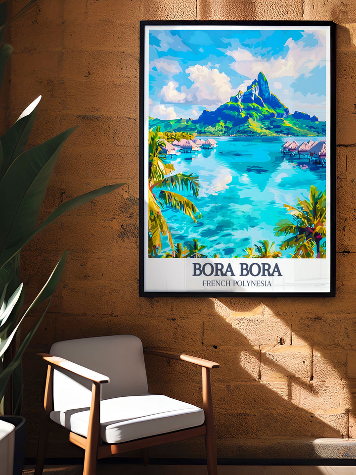 Mount Otemanu Bora Bora Yacht Club vintage print capturing the vibrant atmosphere of French Polynesia this retro travel poster is perfect for wall art enthusiasts who appreciate the timeless beauty of Bora Bora and its iconic landmarks.