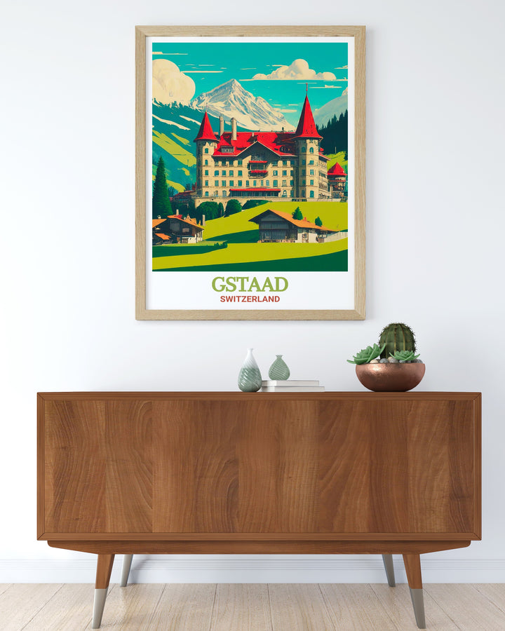 The Gstaad travel poster captures the beauty and charm of one of Switzerlands most iconic destinations. With its stunning winter landscapes and traditional alpine architecture, Gstaad attracts visitors from around the world. This poster brings that charm into your home, making it the perfect decor piece for any travel lover or Swiss enthusiast.